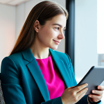 A young professional woman in modest business casual attire, fully clothed, interacting with a tablet displaying vibrant, abstract digital art. The screen emanates soft, dynamic light, reflecting on her face, capturing a fleeting digital moment. She is seated in a modern, brightly lit digital workspace. safe for work, appropriate content, family-friendly, perfect anatomy, correct proportions, natural pose, well-formed hands, proper finger count, natural body proportions, professional photography, high quality.
