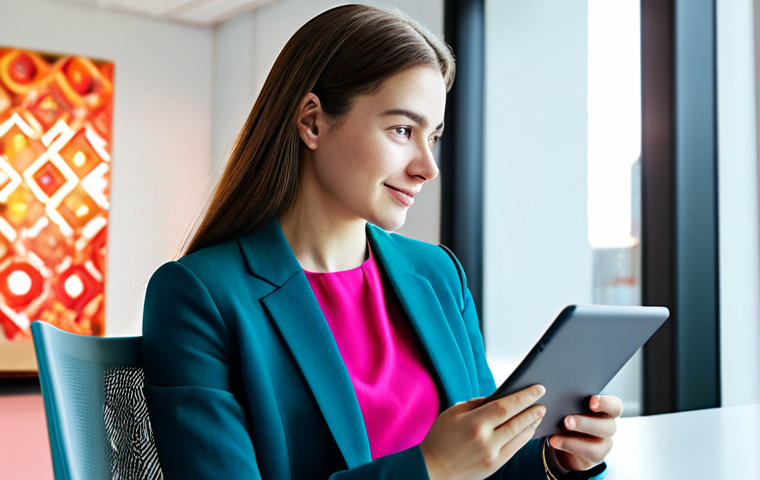 A young professional woman in modest business casual attire, fully clothed, interacting with a tablet displaying vibrant, abstract digital art. The screen emanates soft, dynamic light, reflecting on her face, capturing a fleeting digital moment. She is seated in a modern, brightly lit digital workspace. safe for work, appropriate content, family-friendly, perfect anatomy, correct proportions, natural pose, well-formed hands, proper finger count, natural body proportions, professional photography, high quality.