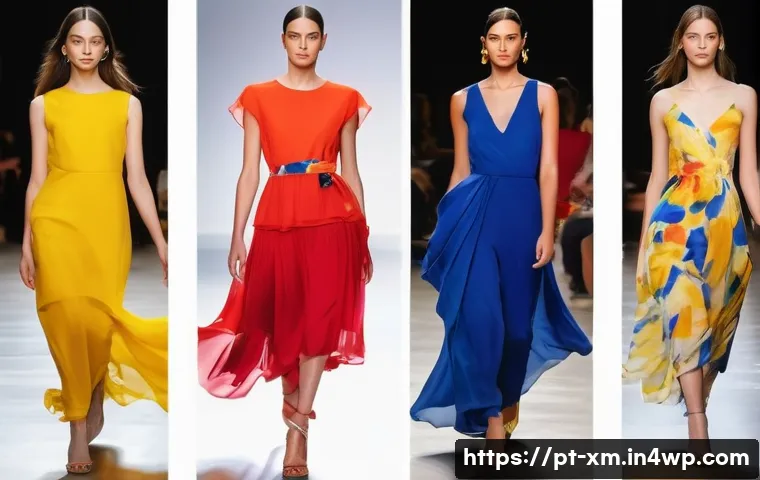 인상주의적 색채의 현대적 응용 - A contemporary fashion runway scene featuring models wearing vibrant clothing inspired by impression...