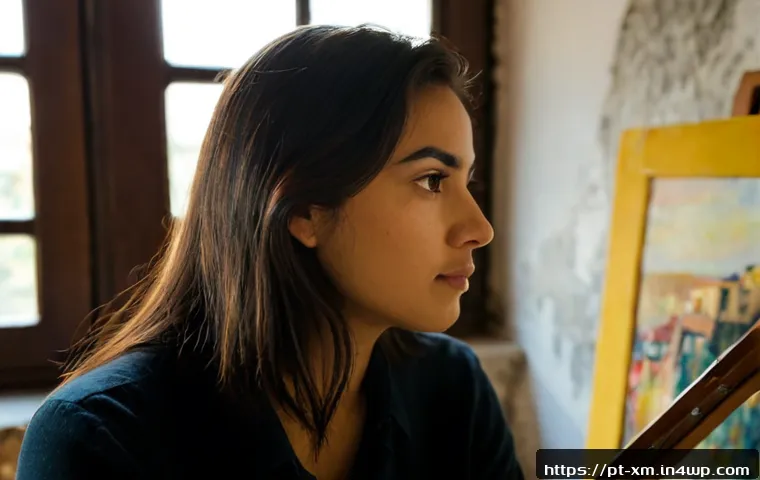 Home 17 인상주의적 표현의 감정적 전달력 - Photorealistic close-up of a Portuguese woman artist in a quiet Lisbon studio, pausing beside a canv...